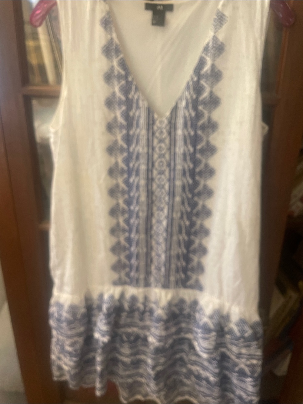 H&M White Sleeveless V-Neck Tunic with Blue Folk Embroidery
